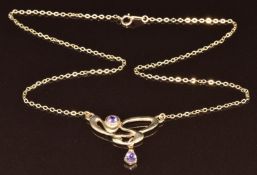 A 9ct gold Art Nouveau style necklace set with amethysts, 3.1g, 40cm