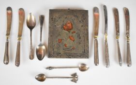 Russian silver mounted icon with 84 silver marks to lower edge, two hallmarked silver teaspoons, two