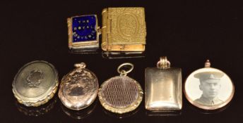 Six lockets comprising one 9ct gold, four Victorian and one in the form of a book locket, together