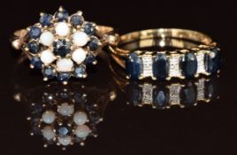 Two 9ct gold rings, one set with sapphires and diamond and the other opals and sapphires in a