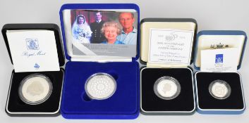 Four Royal Mint silver proof coins comprising UN 50th Anniversary 1995 £2, 1981 Royal Wedding crown,