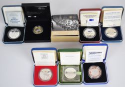 Six Royal Mint silver proof £5 and crown coins comprising 1990 90th birthday, 1972 Elizabeth &
