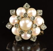 A 9ct gold earring set with pearls and rose cut diamonds, 8.5g