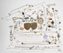 A collection of silver jewellery including ten rings, ten chains, two christening bangles, fifteen