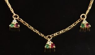 A 9ct gold necklace set with diamonds, emeralds and rubies, 2.2g