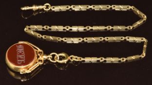 An 18ct gold swivel fob set with agate and bloodstone, Chester 1910, on 18ct gold fob chain, 12.