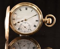 Vertex 9ct gold keyless winding half hunter pocket watch with subsidiary seconds dial, gold hands,