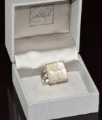 A hallmarked silver Lalique ring depicting 'masque de femme', in original box, size L
