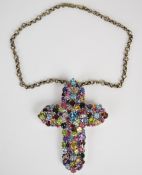 A large silver cross set with amethysts, citrines, peridot, topaz, rubies, garnets etc, on silver