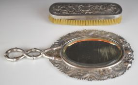 Wang Hing Chinese silver mirror with raised dragon decoration and bamboo handle, together with a