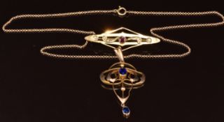 Edwardian 9ct gold pendant set with blue paste (4.5cm) on 9ct rose gold chain (40cm) together with a