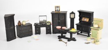 Post war doll's house furniture and accessories to include cooker, dresser, wardrobe, Grandfather