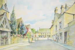 Terry Thomas (Stroud / Gloucestershire artist) watercolour Minchinhampton Church and Market Place,