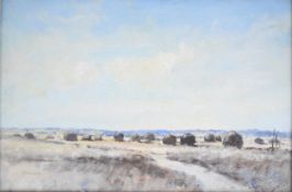 Ian Houston (1934-2021) oil on canvas likely Norfolk landscape The Pea Harvest, signed lower right