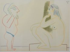 Pablo Picasso (Spanish 1881-1973) colour lithograph La Comedie Humaine, seated nude lady opposite