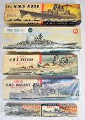 Six Airfix plastic model battleship kits comprising HMS Warspite, HMS Nelson, HMS Hood, HMS