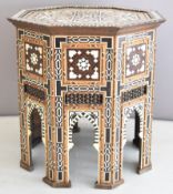 North African Moroccan specimen wood and bone inlaid octagonal table, diameter 69 x height 67cm