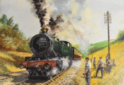 R. Webb (scenic artist at BBC Bristol) oil on board Great Western Railway prairie tank passing a