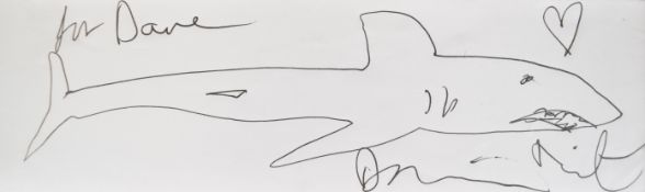 Damien Hirst autograph with pencil drawing of a shark with dedication 'To Dave', framed and