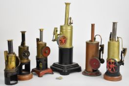 Six various vertical live steam stationary engines to include Fleischmann and Burnac examples