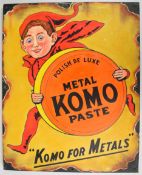 Hand decorated figural enamel advertising sign, 'Komo Metal Paste, Polish De Luxe, Komo For Metals',