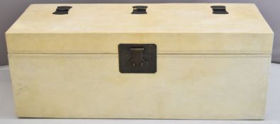 Contemporary designed twin handled leather ottoman with with bronze fittings, W143 x D52 x H52cm