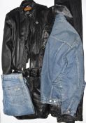 Gentleman's Triumph Motorcycle jacket size XXL, leather trousers 36w 32leg and two leather