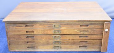 Oak five drawer map or plan chest with five drawers and campaign handles, W124 x D90 x H42cm