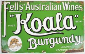 Fells' Australian Wines green enamel advertising sign 'Koala' Burgundy -  Highly Recommended' with