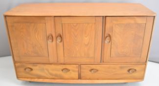 Ercol mid century modern light elm sideboard, W130 x D50 x H75cm