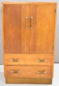 Art Deco oak two drawer cabinet with oak and chrome handles, W74 x D43 x H122cm