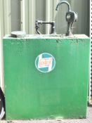 Castrol branded lubricating oil tank with hand pump to top, tank W92 x D31 x H92cm
