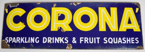 Vintage 'Corona Sparkling Drinks & Fruit Squashes' enamel advertising sign, 25.5 x 76.5cm