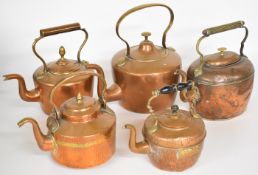 Five 19th/20thC copper kettles, tallest 31cm