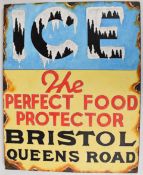 Hand painted advertising sign 'Ice The Perfect Food Protector, Bristol, Queens Road', 72 x 57cm