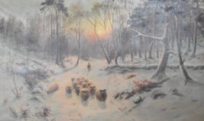 Daniel Sherrin (1869-1940), oil on canvas winter snowy landscape with sheep being herded with sunset