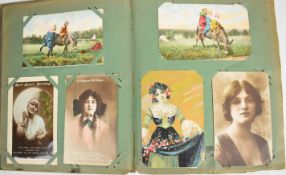 Edwardian postcard album including Donald McGill & other humour, glossy greeting cards, war related,
