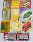 Six vintage Dinky Toys diecast model buses comprising DinkyKits 1017, 1018, 1023. two Silver Jubilee