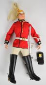 Palitoy Action Man vintage Life Guards figure with flock hair, tunic, boots, spurs, sword, scabbard,