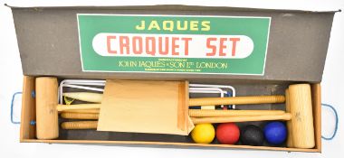Jaques croquet set with four mallets, six hoops, clips, centre peg, balls and instructions, in