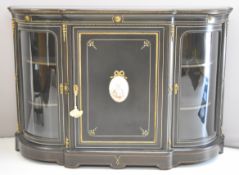 19thC inlaid breakfast ebonised credenza with two convex glazed side doors, figural hand decorated