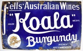 Fells' Australian Wines blue enamel advertising sign Koala Burgundy - Highly Recommended with
