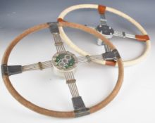 Two Bluemel's Brooklands vintage or classic car spoked steering wheels, believed ex MG and Morgan
