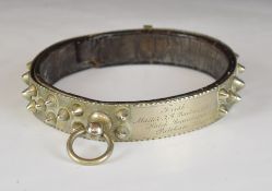 Victorian / Edwardian cut steel dog collar with riveted stud decoration and leather lining, engraved