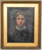 Victorian oil on canvas portrait of a girl with lace collar and gold brooch, signed Florence
