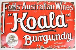 Fells' Australian Wines red enamel advertising sign Koala Burgundy - Highly Recommended with koala