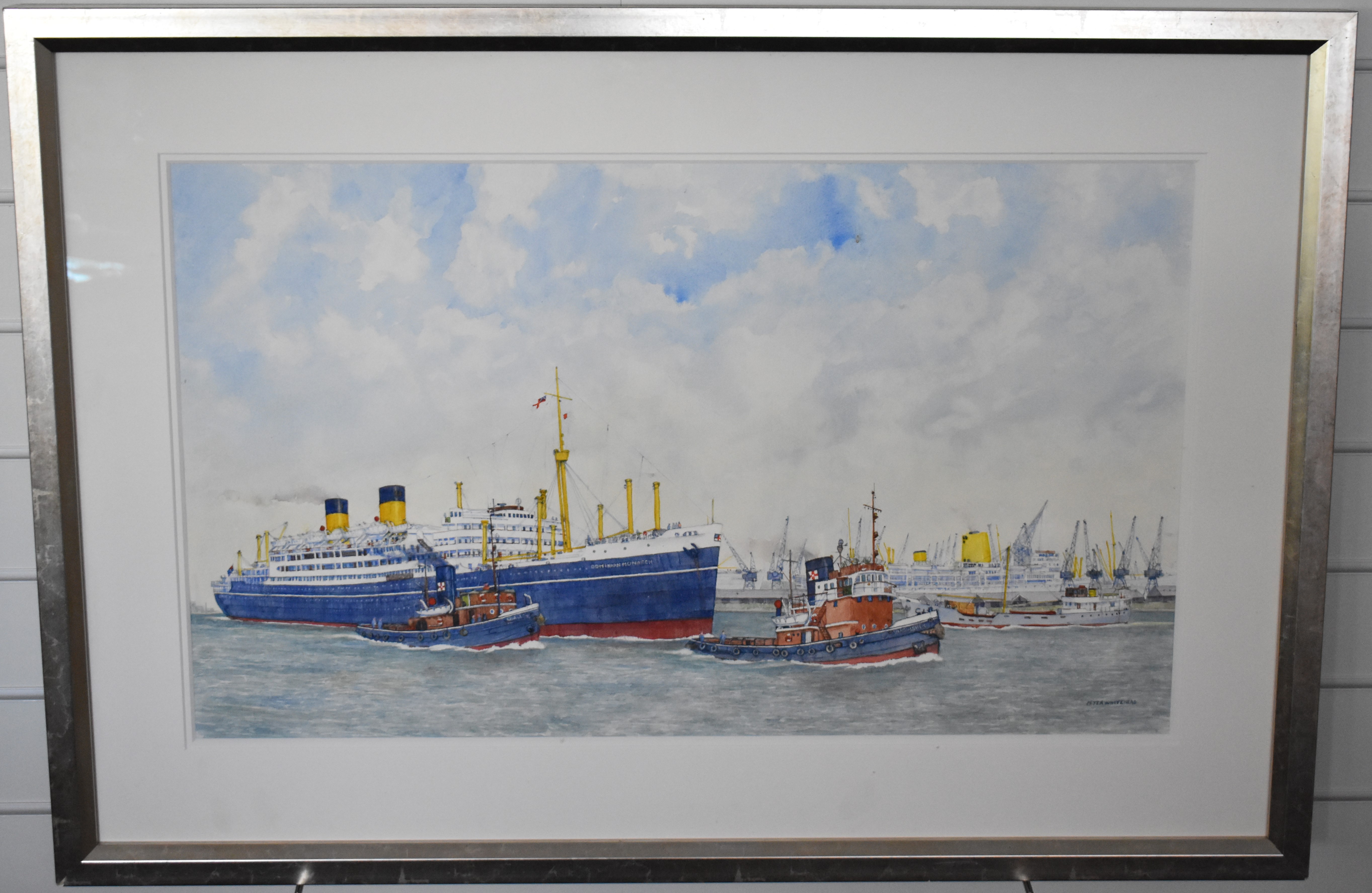 Peter Whitehead watercolour Dominion Monarch liner or ship being guided into harbour by tugs, signed - Image 2 of 5