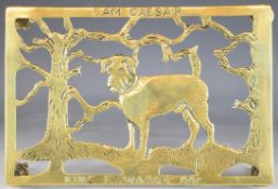 Early 20thC pierced brass figural dog trivet 'I am Caesar, King Edward's Dog', W30 x D20 x W80cm