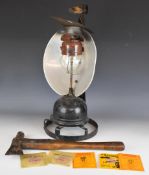 GWR emergency axe together with a Tilley railway trackwork or similar oil lamp with reflector