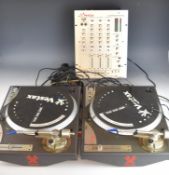 Two Vestax PDX-a1 MkII direct drive record turnables together with a Vestax PCM-270a three channel